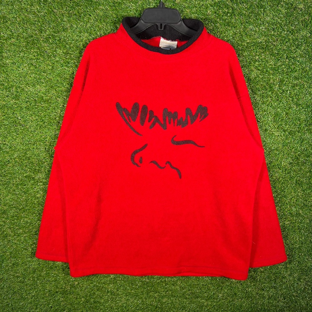 Coldwater Creek Red Fleece Pullover Moose Graphic Mock Neck Mens Large Canada